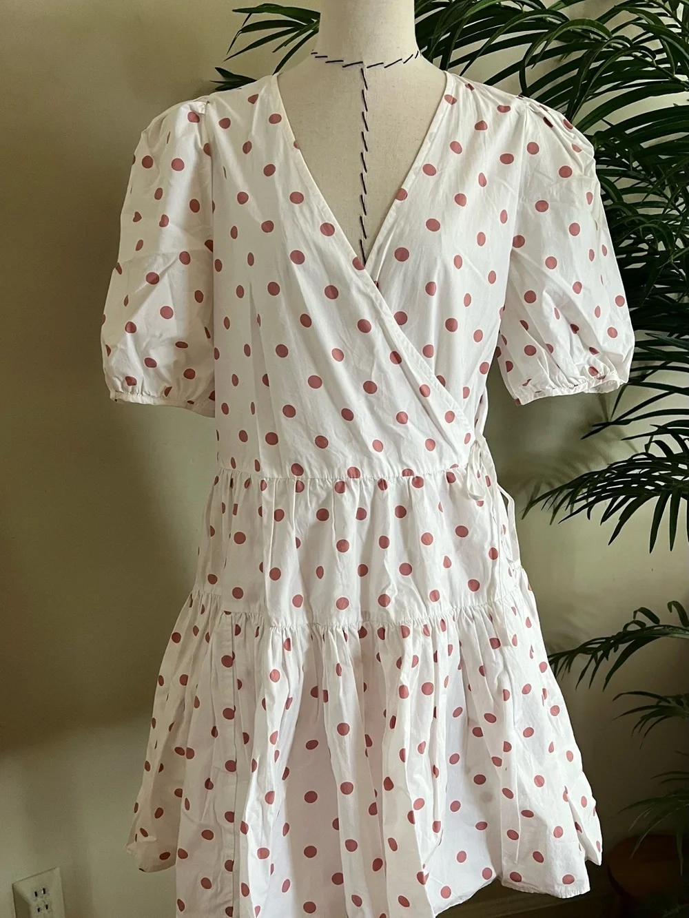 Flowy White Pink Polka Dot Wrap Mini Dress with Puff Sleeves | Size S | Cotton